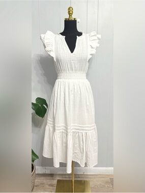 Sam Edelman White Textured Ruffle Sleeve Midi Cotton Dress